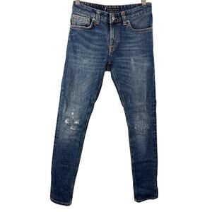 NUDIE Blue Jeans Organic Cotton Denim Distressed Skinny Leg Zip Fly Size 27x30